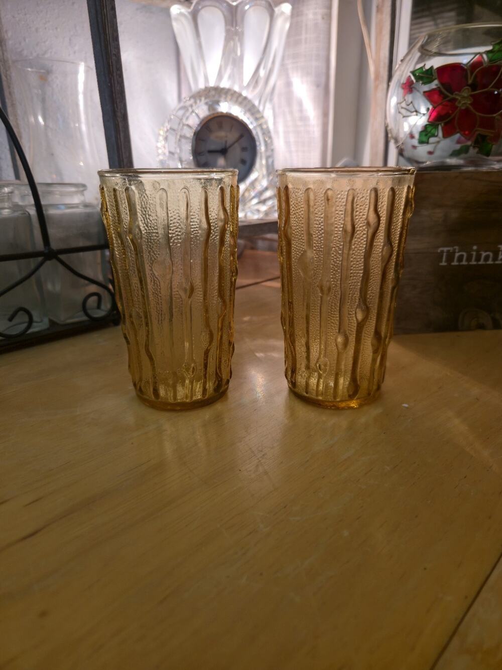 2 Anchor Hocking Tahiti Bamboo Glasses Tumblers Honey Gold Vintage 12 oz 5"